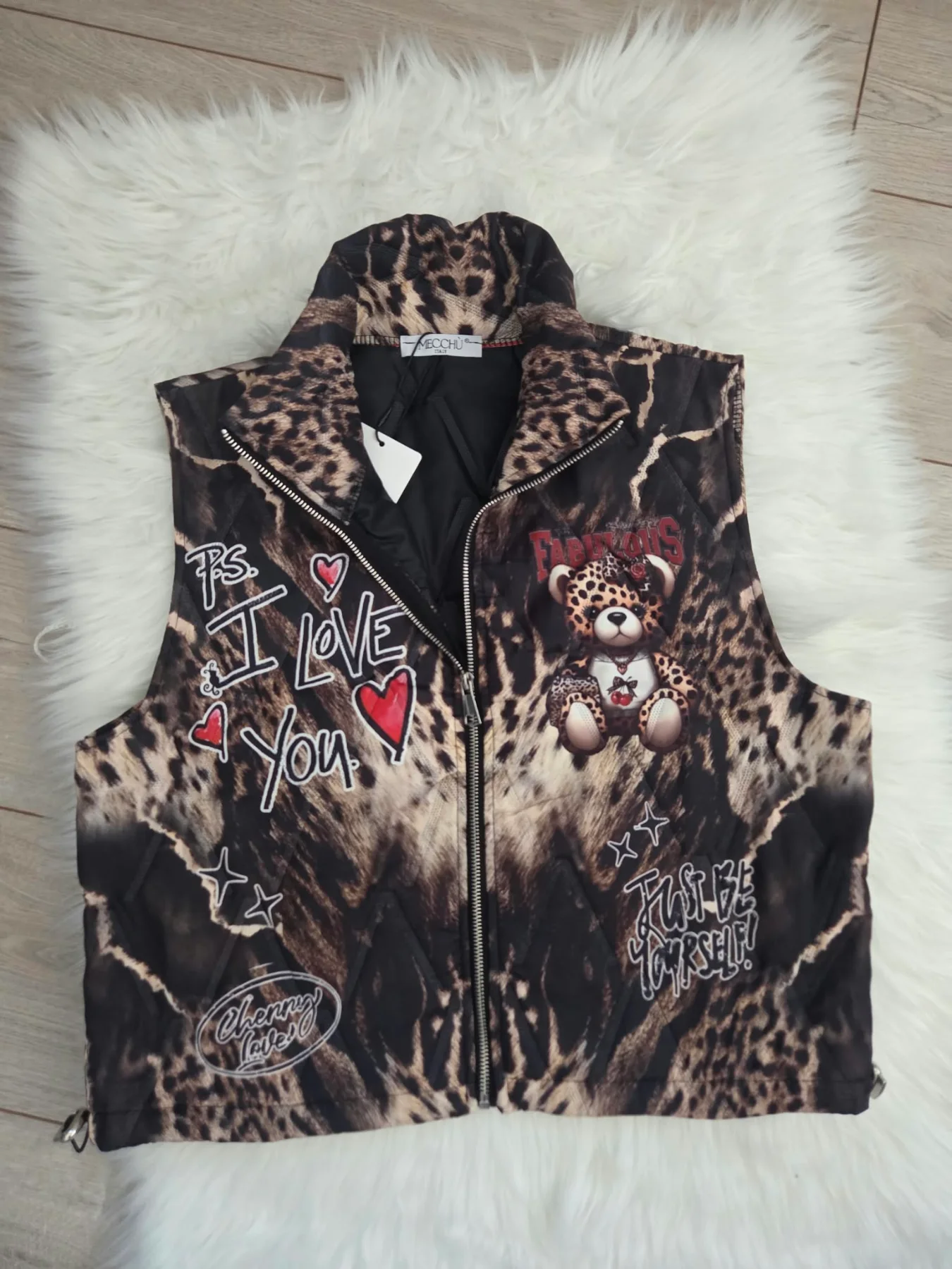 leopárdmintás női mellény, mackós női mellény, macis átmeneti kabát, mintás női mellény, vagány női mellény, állatmintás mellény, streetwear női kabát, tavaszi átmeneti mellény.