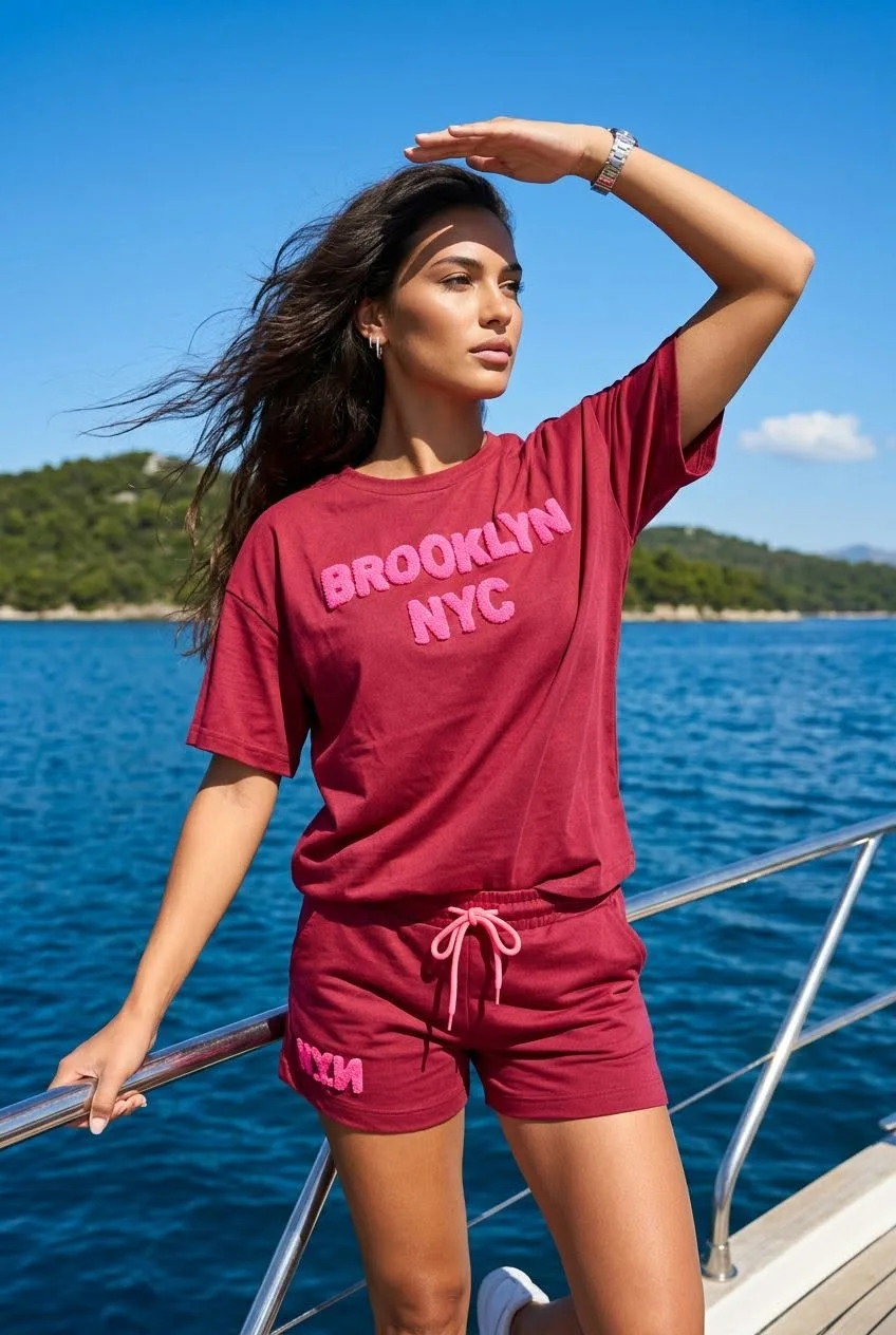 női pamut szett, bordó melegítő szett, rövidnadrágos női szett, Brooklyn NYC ruha, nyári pamut szett, sportos női szett, kétrészes nyári szett, bordó női shorts.